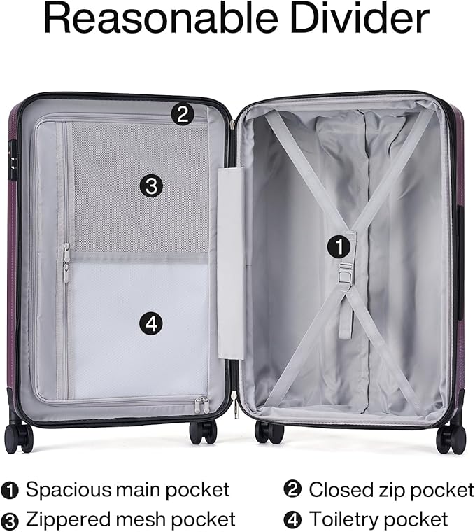 Hanke 24 Inch Expandable Checked Luggage Lightweight PC Hard Case luggage Suitcases with Wheels Travel Luggage Rolling Large Suitcase Travel Luggage Bag for Go To University (Purple)