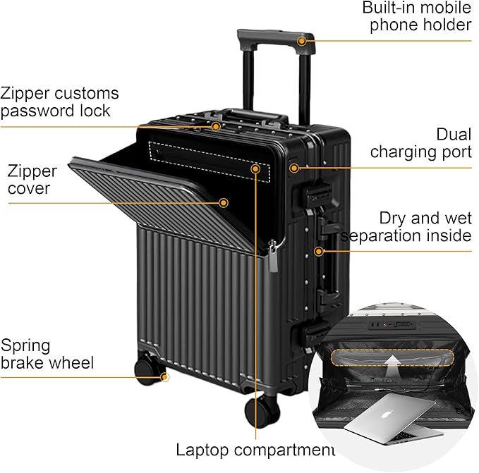 Hard Shell Luggage 24 Inch Travel Luggage, Carry-On Luggage Spinner TSA with Lid, ABS Aluminum Frame，Lightweight Travel Luggage 20'' 24'' 26''Carry-On (upgraded black, 24 inch)