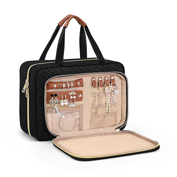 Wedama Toiletry Bag for Women, Hanging Travel Toiletry Bag with Jewelry Organizer Compartment Medium Makeup Bag, PVC Waterproof Cosmetic Travel Bag Trips Camping Bathroom, Black+Brown