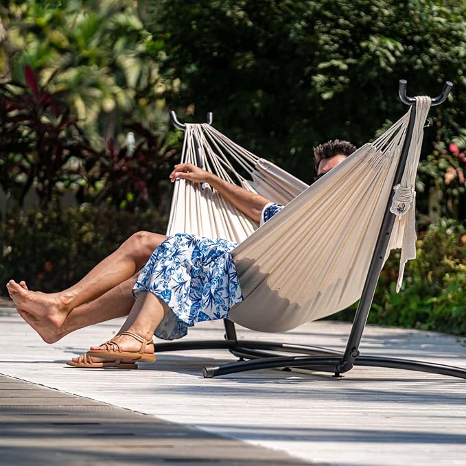 Lazy Daze Hammocks Double Hammock with 9ft Space-Saving Steel Stand Includes Portable Carrying Case, 450 Pounds Capacity (Natural)
