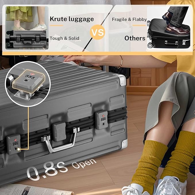 Krute Luggage 28 Inch Aluminum Frame Luggages TSA Lock No Zipper Checked Suitcase with Spinner Wheels Hardshell Lightweight PC+ABS Large Suit Case