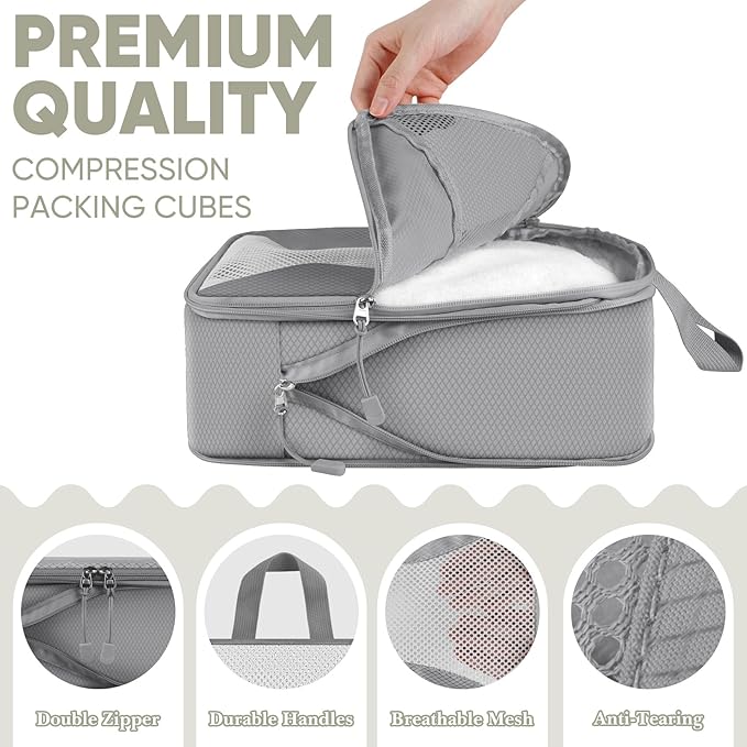 8 Set Compression Packing Cubes for Travel, Packing Cubes Compression Travel Accessories Expandable Packing Organizers for Carry on Luggage Suitcase (Gray)