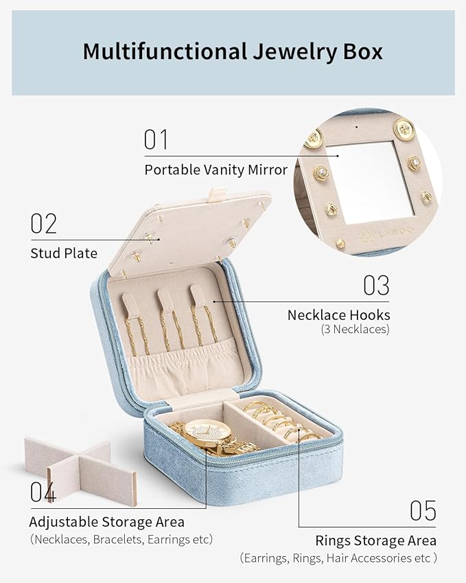 Vlando Mother's Day Gift for Women Girls, L Initial Travel Jewelry Case, Small Jewelry Travel Case, Personalized Travel Mini Jewelry Case, Birthday Gifts for Women Mom Grandma - Letter M, Blue