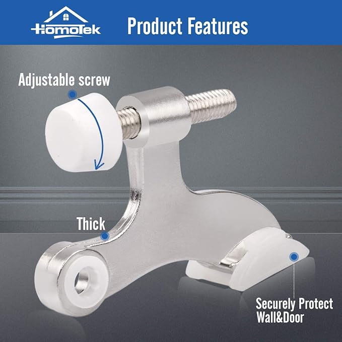 HOMOTEK 4 Pack Hinge Pin Satin Nickel Door Stopper,Adjustable Deluxe Heavy Duty Door Stopper 2-1/2"x1-3/4",with White Rubber Bumper Tips