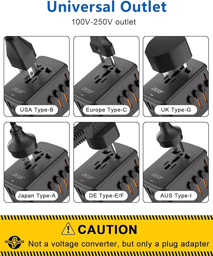 Acer Universal Travel Plug Adapter - International Power Adapter with 5 USB Ports (3 USB C) 5.8A, Worldwide Outlet Charger for USA to European UK France Germany Spain, Type C/E/F/G/I/L/A, Black