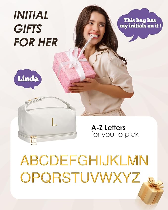 Gifts for Female, Personalized Makeup Bags with Handle, Mrs Gifts Teenage Girls Cosmetic Bag, Large Capacity PU Leather Makeup Bags Letter Travel Toiletry Bag with Makeup Brush Organizer