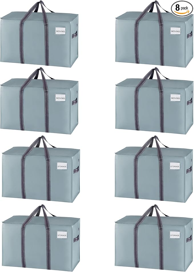 VENO 8 Pack Moving Bags, Heavy Duty, Moving Boxes Alternative, Packing Storage Supplies for Dorm Room Essentials with Zipper for Clothes, Extra Large Totes for Packaging (Light Blue Matte, 8 Pack)