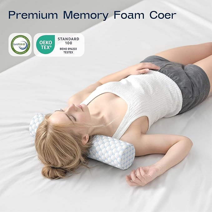 Neck Roll Pillow, Memory Foam Neck Support Pillows, Round Neck Pillows, Cylinder Bolster Pillows for Bed, Couch, and Yoga, Removable Washable Cover,18 * 4.3 * 4.3inch (Cool-Blue)