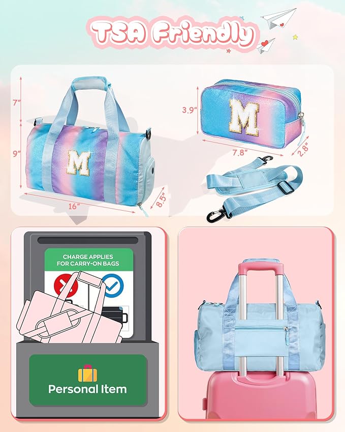Dance Recital Gifts for Girls-Girl Gym Bag with Shoe Compartment, Kid Personalized Weekender Overnight Bags, Initial Travel Tote with Makeup Pouch, Preppy Things for Kids Girls (Letter E)