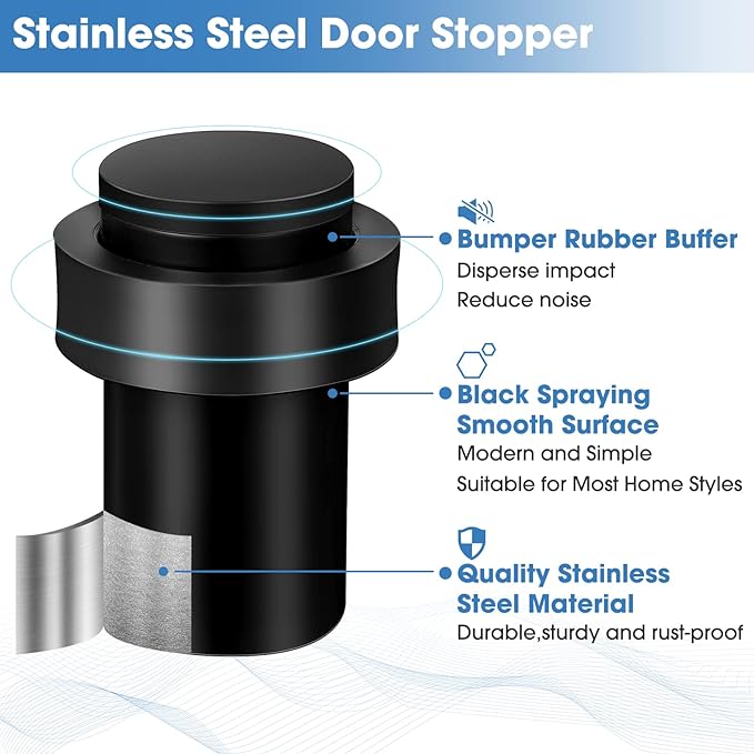 Chumia 6 Pcs Door Stopper Mounted Floor Stops Stainless Steel Cylindrical Stopper Modern Decorative Rubber Bumper Stops Holder Wall Protector for Bottom or Top of Door (Black)
