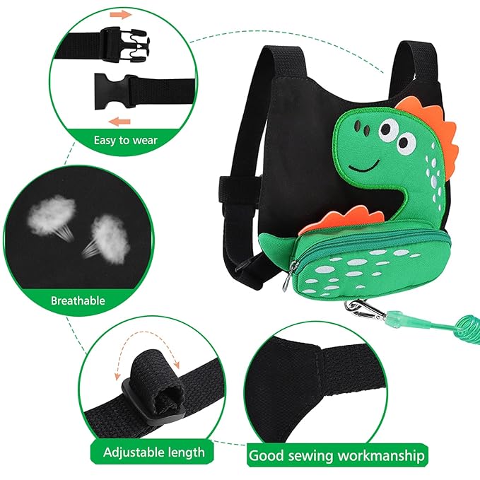 3 in 1 Toddler Harness Leash + Baby Anti Lost Wrist Link, Accmor Cute Dinosaur Child Safety Harness Tether, Kids Walking Wristband Assistant Strap Belt for Parent Boys Outdoor Activity (Black)