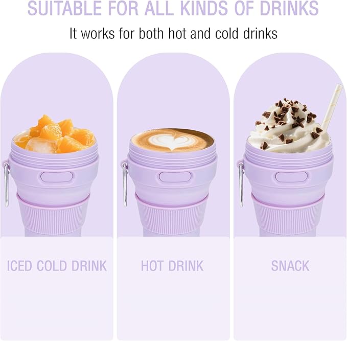 Silicone Collapsible Travel Mug Purple 15oz / 450ml - Leak-Proof Reusable Silicone Water Bottle for Hot and Cold Beverages - Travel Office and Home - Dishwasher Safe - Straw Included