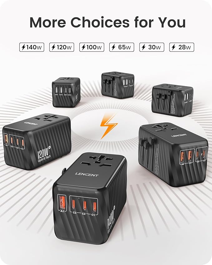 LENCENT Universal Travel Adapter, 100W GaN International Fast Charger with 2 PD3.0 Type C+2 QC USB A, Worldwide Power Adaptor for Phones,Laptops, All in One Travel Essentials for EU/USA/UK/AU, Black