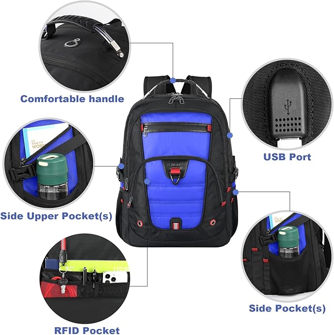 Z-MGKISS Extra Large Backpack, Travel Laptop Bag for Men, Anti-Theft College Backpack with USB Port, TSA-Approved 17.3 Inch, Heavy Duty Business Weekender Bag, Blue