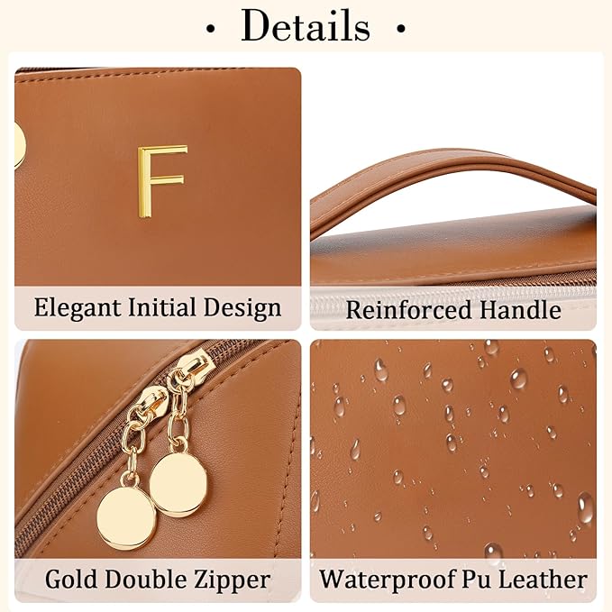 Birthday Gifts for Women Teen Girl, Personalized Initial Makeup Organizer Bag Set, Open Flat Travel Cosmetic Bag With Clear Divider and Handle(Brown,F)