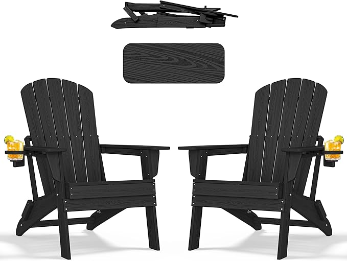Folding Adirondack Chair - Extended Ergonomic Backrest, Cup Holder - Easy Assembly - Durable HDPE Plastic, Weather Resistant & Maintenance-Free - Lawn, Patio, Deck Supports 380lbs Black