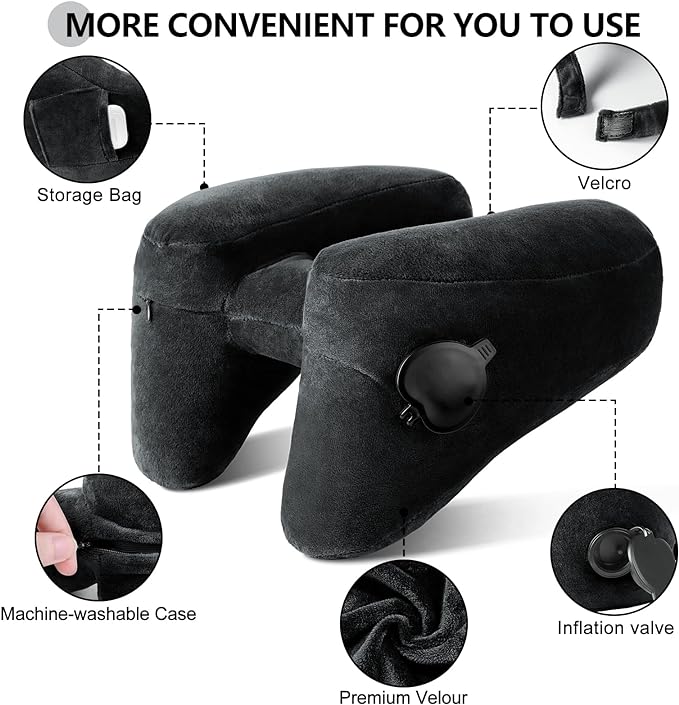 Sunany Neck Pillow for Travel Inflatable Airplane Pillow Comfortably Supports Head, Neck and Chin, Inflatable Travel Pillow with Soft Velour Cover and Portable Drawstring Bag (Black)