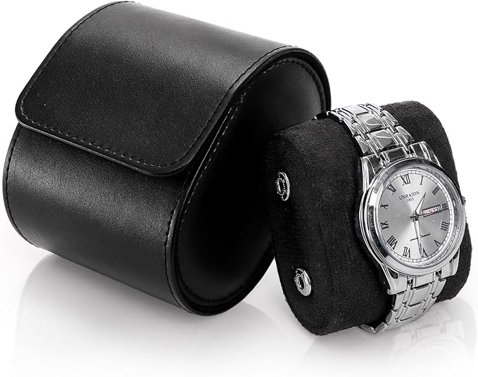 Leather Travel Watch Case, Single Watch Gift Box with Pillow, Portable Jewelry Watch Storage Roll Organizer Carrying Case for Display, Men, Women, Luxury Black