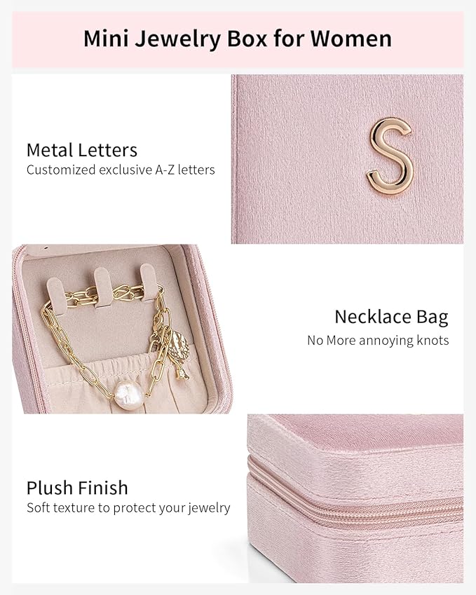 Vlando Mothers Day Gifts for Mom Travel Jewelry Case for Girl Women, A Initial Jewelry Case, Mini Jewelry Travel Organizer Travel Essentials for Travel Gift Teen Girls - Letter A, Pink