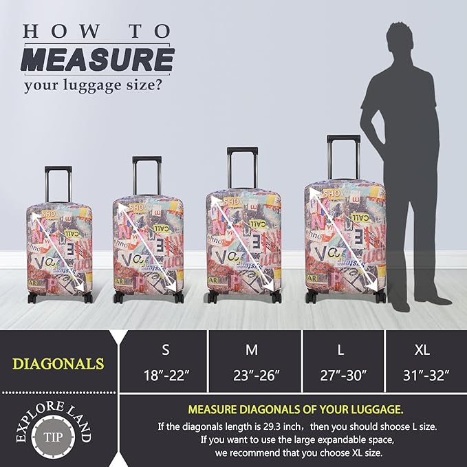 Explore Land Travel Luggage Cover Suitcase Protector Fits 23-26 Inch Case (Retro Pictorial, M)