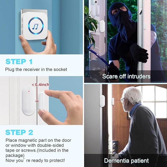 SanJie Door Sensor Chime When Door Opens, Door Entry Chime for Business/Home/Office/Store,500 FT Range,26 Chimes 5 Adjustable Volume Door Ringer Alert 2 Sensors + 1 Receivers