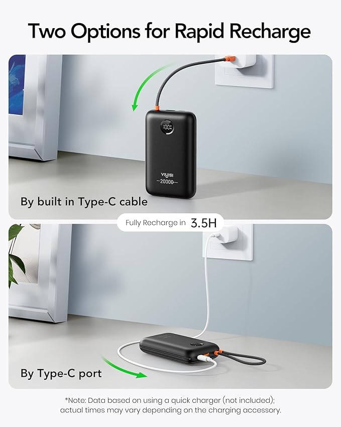 Portable Charger 20000mAh 30W Fast Charging, Power Bank with Built-in Cables & LED Display, USB C Battery Pack for iPhone 16/15/14/13, Samsung, iPad and Android Phones, Ideal for Travel -Black