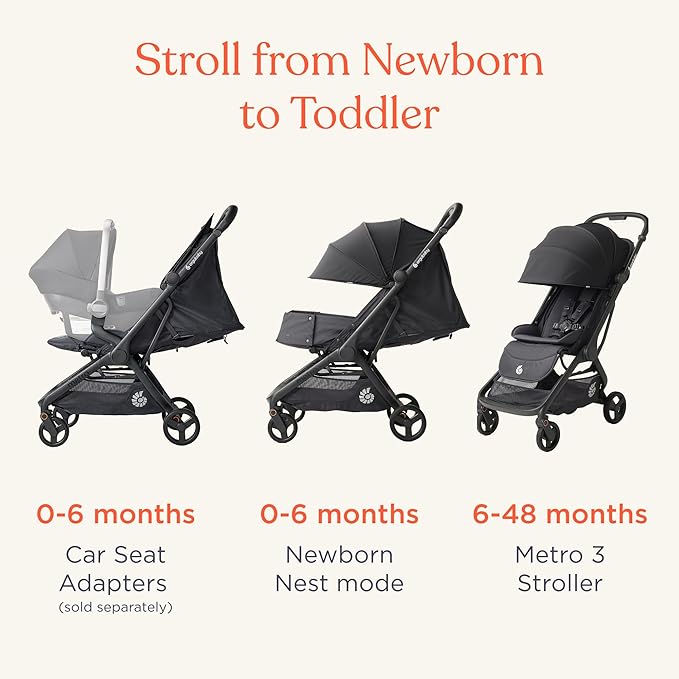 Ergobaby Metro 3 All in One Compact Baby Stroller, Lightweight Travel Stroller, Easy One-Hand Fold for Overhead Airplane Storage (Carries up to 50 lbs), Car Seat Compatible, Natural Beige