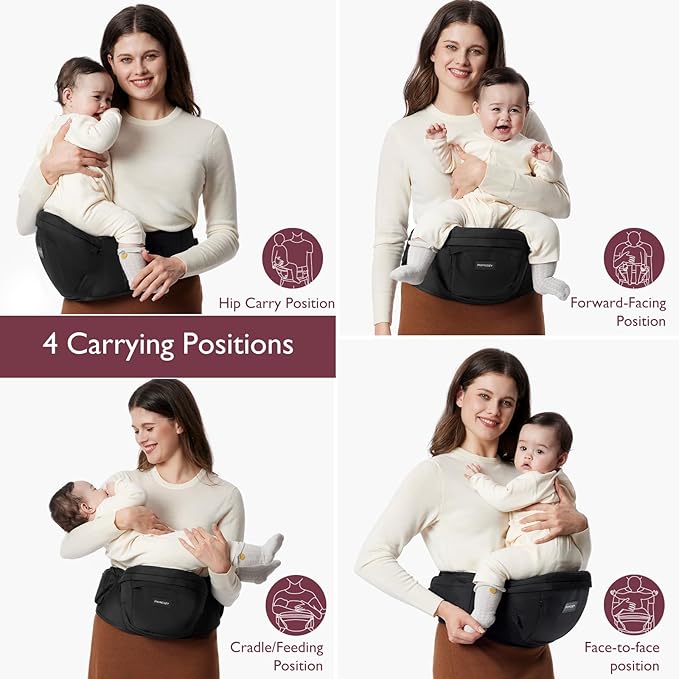 Momcozy Hip Seat Baby Carrier - Adjustable Waistband with Original 3D Belly Protector, Ergonomic Carrier with Various Pockets for Newborns & Toddlers up to 45lbs (Black, Large)