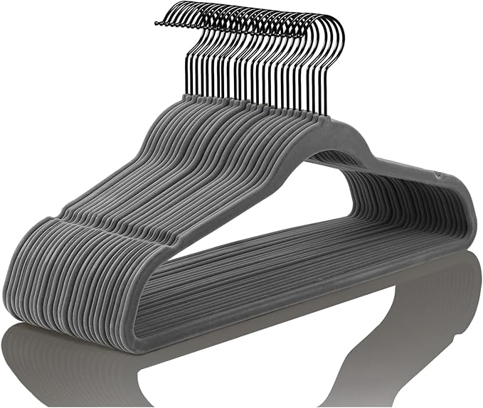 MIZGI Premium Velvet Hangers (50 Pack) Heavy Duty - Non Slip Felt Hangers - Velvet Suit Hanger Gray - Black Coated Hooks,Space Saving Clothes Hanger
