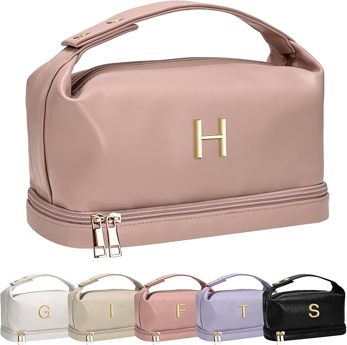 Birthday Gifts for Mom, Personalized Makeup Bag with Handle, Initial Double Layer Cosmetic Bag with Makeup Brush Organizer, Pink Gift Bags Travel Toiletry Bag, Gifts for Friends Female Mom