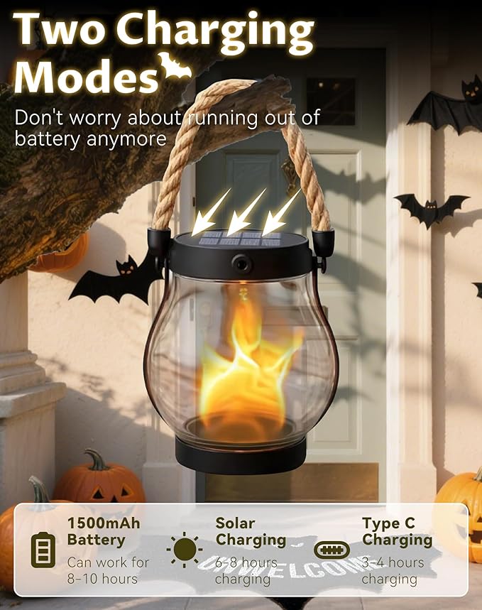 Kaliqo Solar Lantern Outdoor Lights - Official, Waterproof Kaliqo Solar Flame Lights Hangable with Dancing Flame, Hemp Rope Kaligo Lantern,Dual Charging Modes, Smokeless(1pcs)