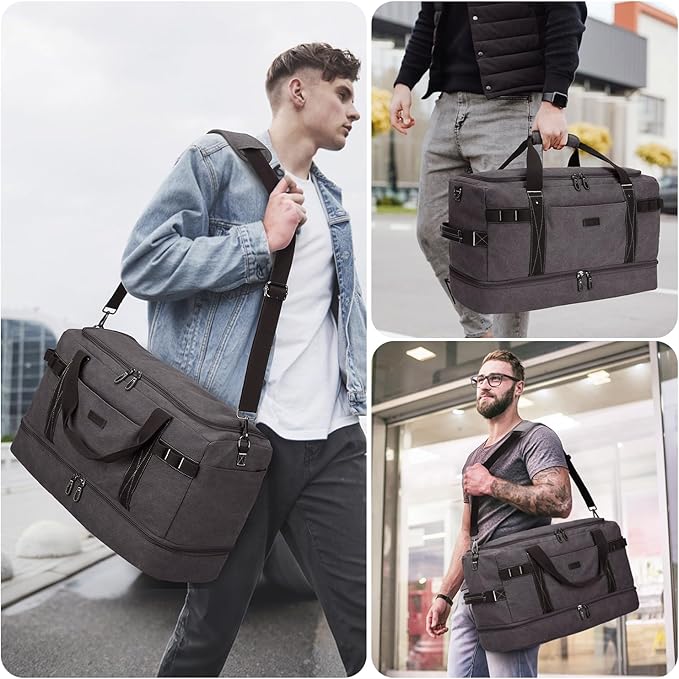 ZOMFELT Travel Duffle Bag for Men Women, Waterproof Canvas Overnight Duffel Bag with Removable Dividers & Shoe Compartment, Carry On Weekender Gym bag, Multi-Pocket & Vintage Design (Washed Grey)