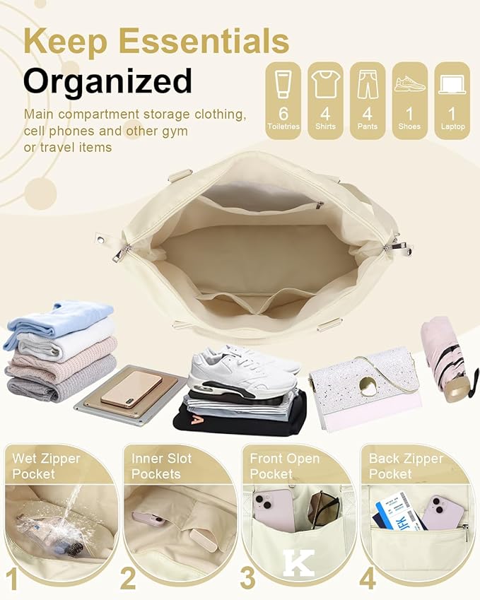 Initial Travel Duffel Bag Sports Gym Bag for Kids Teen Birthday Gifts,Beige Personalized Weekender Bag Carry On Dance Bags for Women Men,Waterproof Monogram Overnight Bag with Trolley Sleeve(Letter K)
