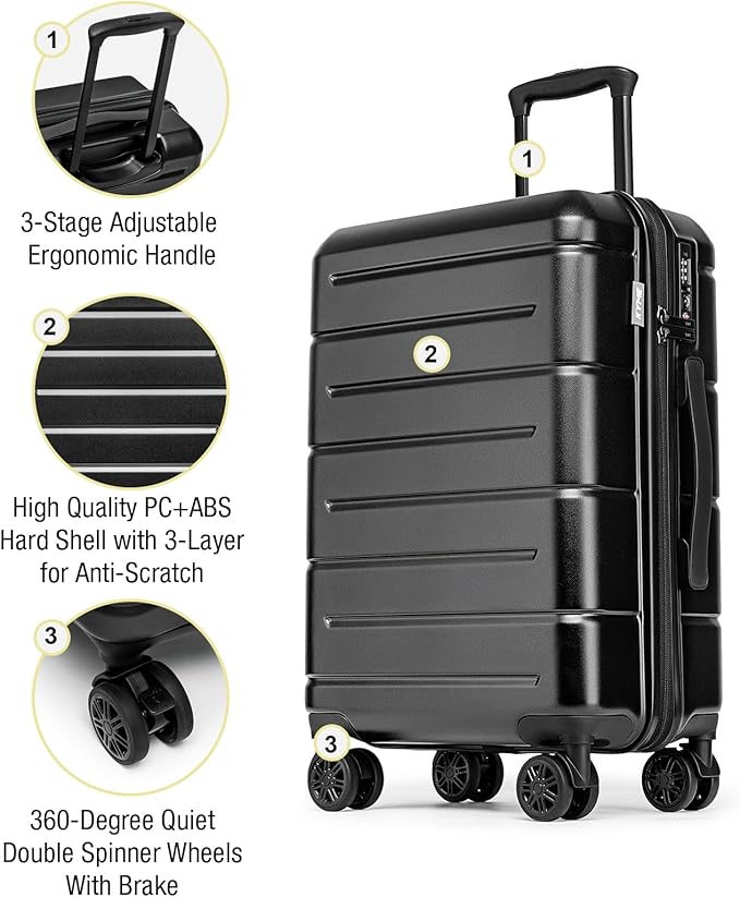 KYME Luggage Sets 2 Piece Hardshell 22"/26" Suitcase with Spinner Wheels Hardside Suitcases Sets with TSA Lock Lightweight Travel Luggage Set with Cup Holder for Women Men Black