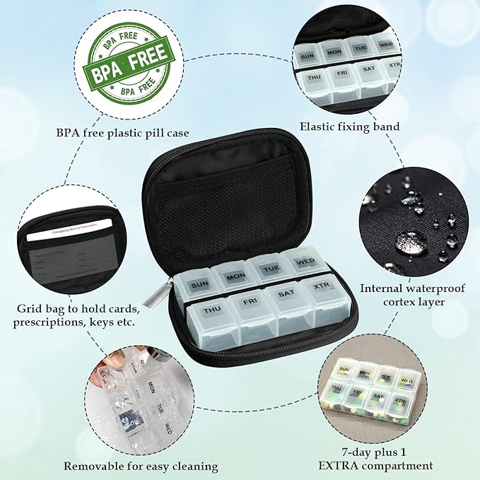 Serfeymi Weekly Travel Pill Organizer Pill Case for Purse with Removable 7 Day Pill Box, Fashionable Travel Medicine Organizer Pill Container for Medicine, Vitamin, Supplement - Black 02 + Pill Box