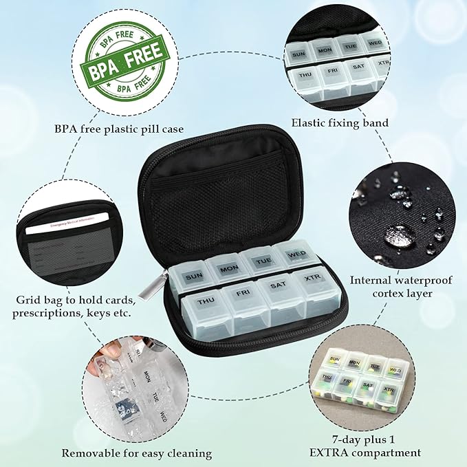 Serfeymi Weekly Travel Pill Organizer Pill Case for Purse with Removable 7 Day Pill Box, Fashionable Travel Medicine Organizer Pill Container for Medicine, Vitamin, Supplement - Brown 02