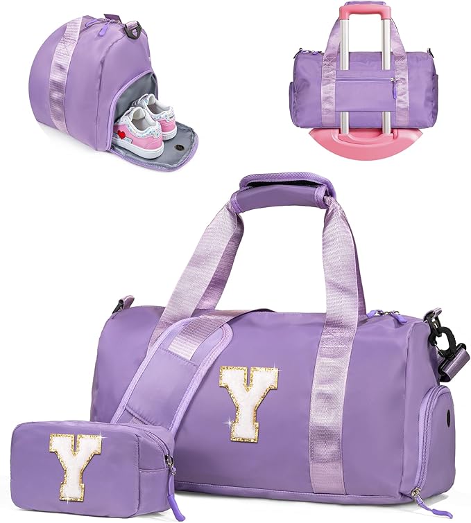 Daughter Birthday Gifts-Girl Gym Bag with Shoe Compartment, Kid Personalized Weekender Overnight Bags, Initial Travel Tote with Makeup Pouch, Graduation Gift for Girls (Letter Y)