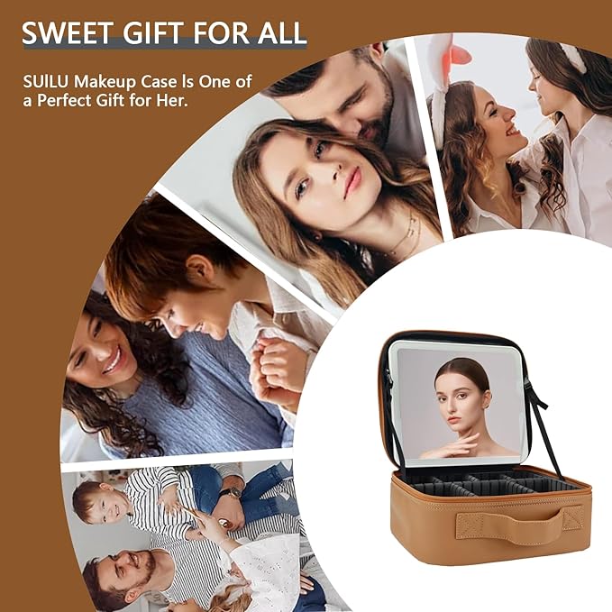 Makeup Bag with Led Mirror,Travel Makeup Organizer with 3 Color Setting & 10X Magnifying Mirror, Portable Storage and Adjustable Dividers Travel Makeup Bag-brown