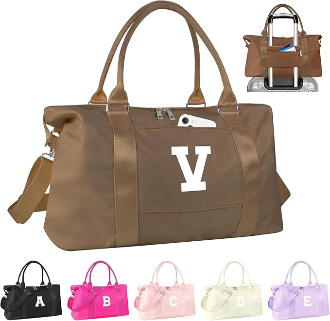 Birthday Graduation Gifts for Daughter,Initial Travel Duffel Bag Sports Gym Bag for Girls Teen Kids Birthday Gifts,Personalized Weekender Bag Carry On Tote Bags Cute Overnight Bag for Women(Brown, V)