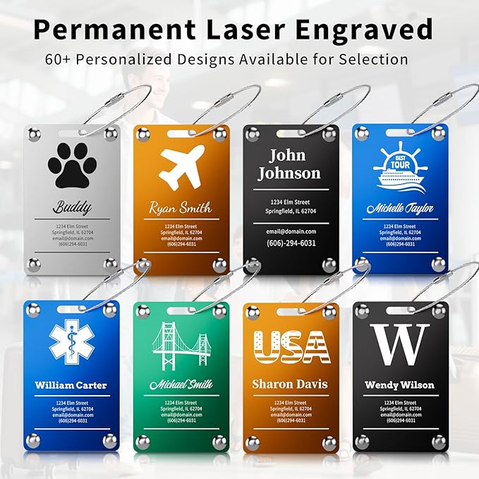 3 Pack Personalized Luggage Tags for Suitcases, Handmade Engraved Stainless Steel Custom Luggage Tags for Cruise Travel with Stainless Loop, Suitcase Identifier Metal Name Baggage Tag