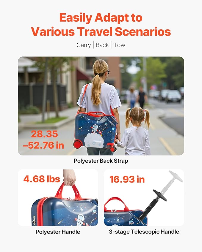 VEVOR Ride-on Luggage, 26 L Capacity, 18 Inches Tow Along Toddler Carry on Luggage with Wheels, Adjustable Shoulder Strap, Lightweight Kids Riding Suitcase for Boys & Girls Aged 3+, Blue & White