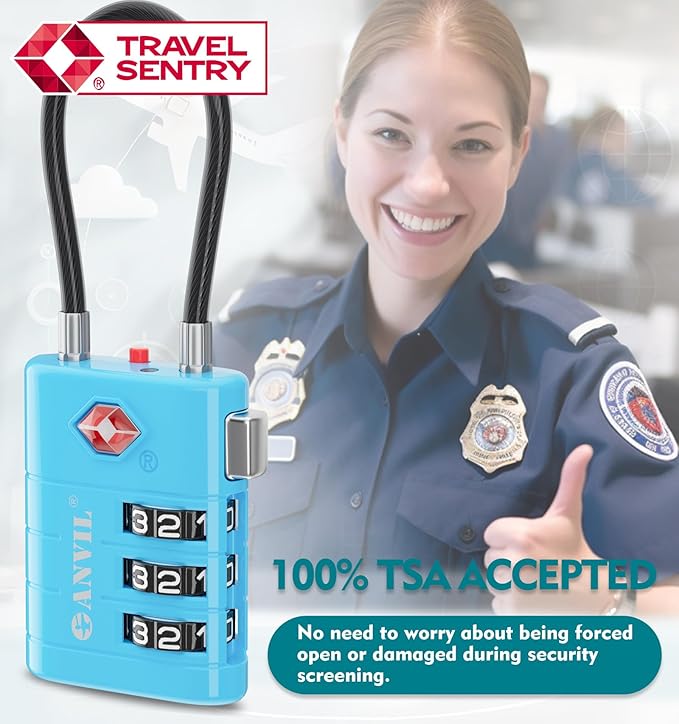 ANVIL TSA Approved Luggage Locks – High Security TSA008 Combination Travel Locks with Inspection Indicator for Suitcases and Backpacks. (4, Bule)