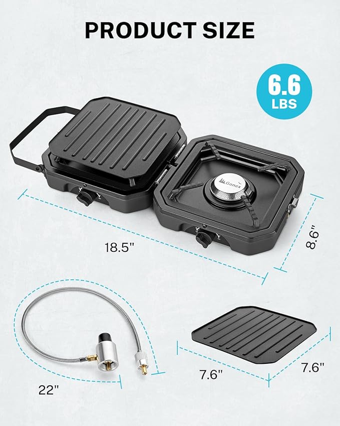 Gonex 2 Burner Propane Camping Stove with Griddle & Grates, Portable Foldable Cooking Stove with Total 16,000 BTU, Two Piezo Ignition Adjustable Burners for Camping, Patio, Emergency, Hiking (Black)