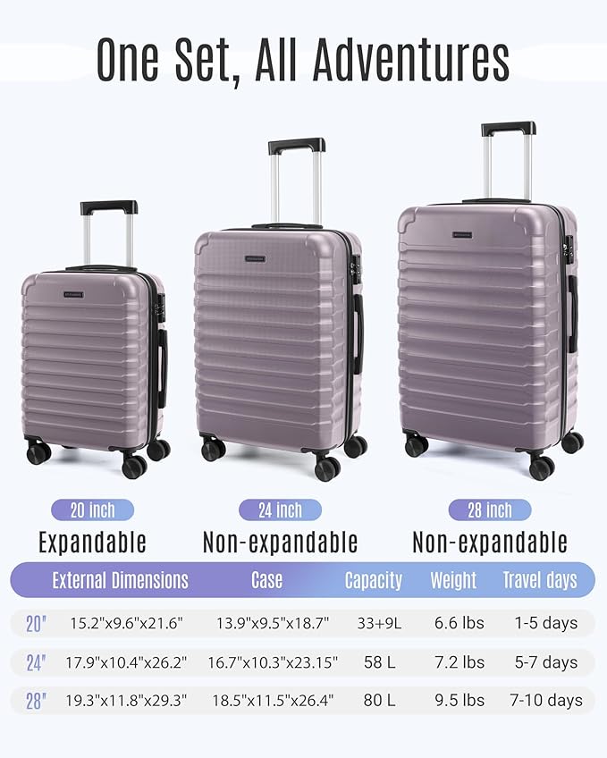 LIGHT FLIGHT Luggage Sets, 3 Piece Durable Suitcase Set with Spinner Wheels, 3 Pcs Hardside Lightweight luggage with TSA Lock, Large Checked Travel Suitcases, 20/24/28 Inch, Rose Purple