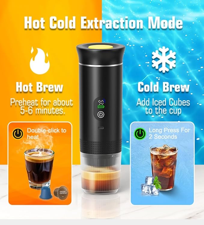 Portable Electric Coffee Maker, Digital Display, Compatible with Coffee Pods,Rechargeable Coffee Machine for Travel, Camping, RV,Home,Office (grey)
