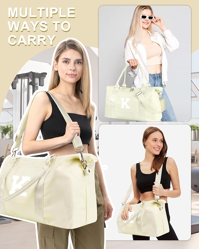 Initial Travel Duffel Bag Sports Gym Bag for Kids Teen Birthday Gifts,Beige Personalized Weekender Bag Carry On Dance Bags for Women Men,Waterproof Monogram Overnight Bag with Trolley Sleeve(Letter K)