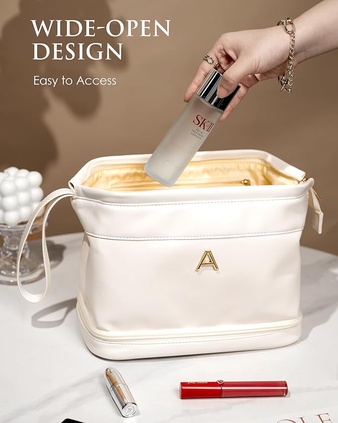 Birthday Gifts for Girls, Initial Large Makeup Bag, Personalized Double Layer Cosmetic Bag with Makeup Brush Organizer, Large Capacity PU Leather Travel Toiletry Bag Travel Stuff for Girls