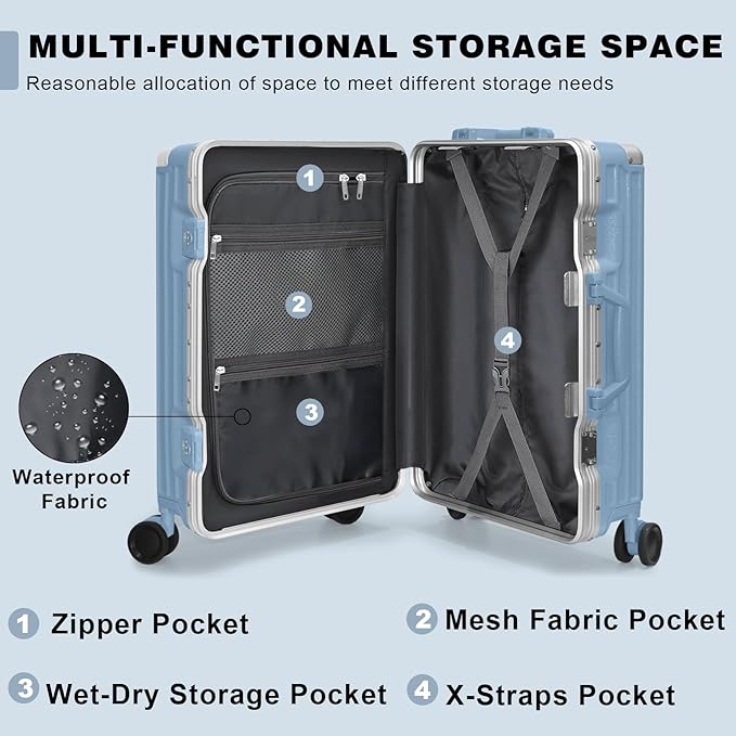 AnyZip Carry On Luggage PC+ABS Aluminum Frame Zipperless Luggage Hard Shell Suitcase with TSA Lock Double Spinner Wheels 20 Inch Haze Blue