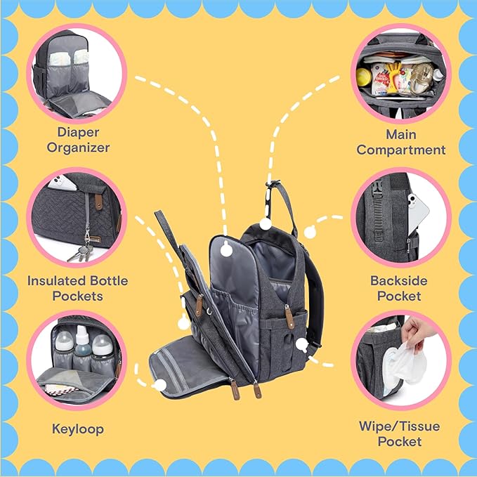 iniuniu Diaper Bag Backpack, 4 in 1 kit Large Unisex Baby Bags for Boys Girls, Waterproof Travel Back Pack with Diaper Pouch