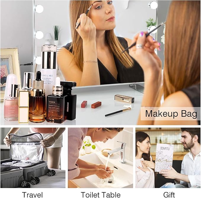 BOYATU Travel Makeup Bags for Women: Large Cosmetic Bag Waterproof - Vegan Leather Make up Bag Set of 3 - Compact Toiletry Organizer with Compartments & Handle & Divider (Z-Brown)